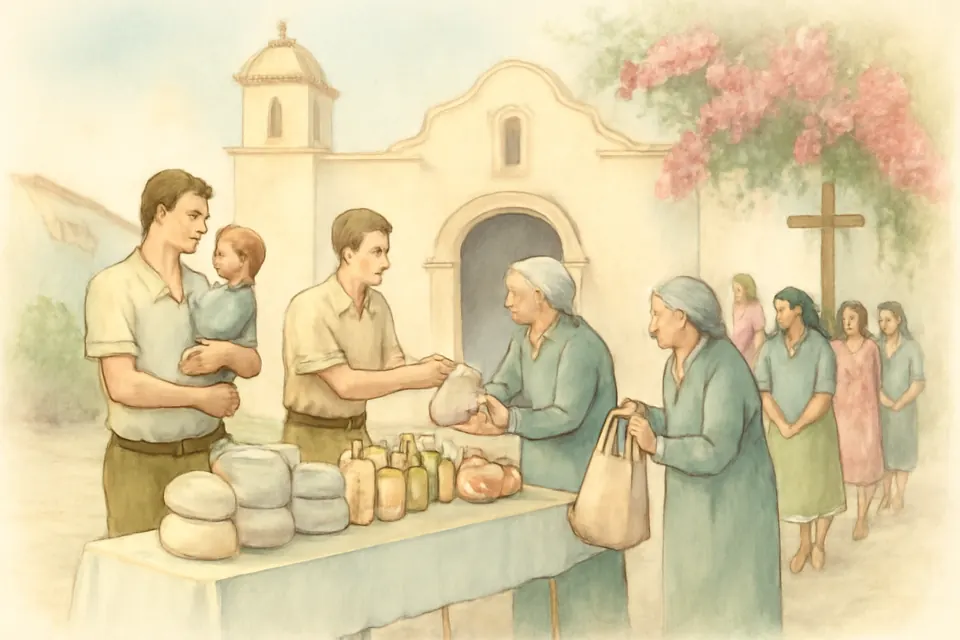 Ilustración en estilo acuarela de voluntarios de una parroquia que entregan bolsas de víveres a varias familias en el patio de una iglesia