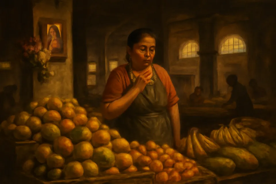 Ilustración en estilo óleo de una vendedora que se persigna al abrir su puesto de frutas en un mercado al amanecer