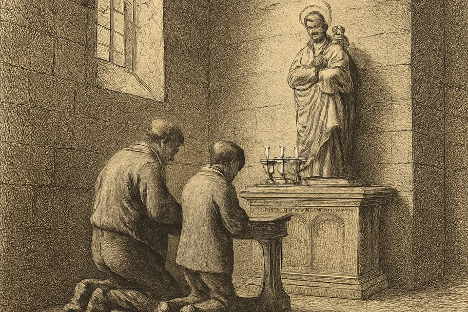 Ilustración en estilo grabado de un padre y su hijo adolescente arrodillados ante un altar de San José en una iglesia antigua, pidiendo trabajo