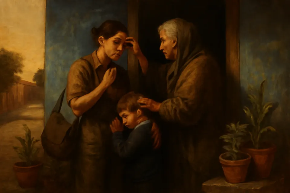 Ilustración en estilo óleo de una mujer que se persigna en la puerta de su casa antes de salir a su primer día de trabajo, mientras su madre la bendice