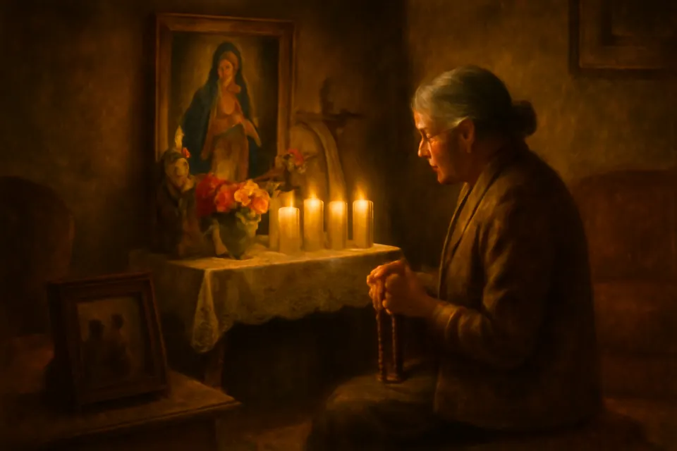 Ilustración en estilo óleo de una abuela rezando de noche ante el altar de su casa, con veladoras encendidas, una imagen de la Virgen y un rosario