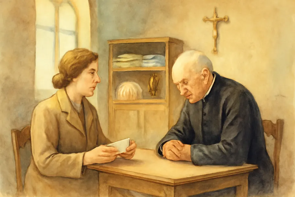 Ilustración en estilo acuarela de una mujer que pide en la sacristía a un sacerdote una Misa por la salud de su esposo