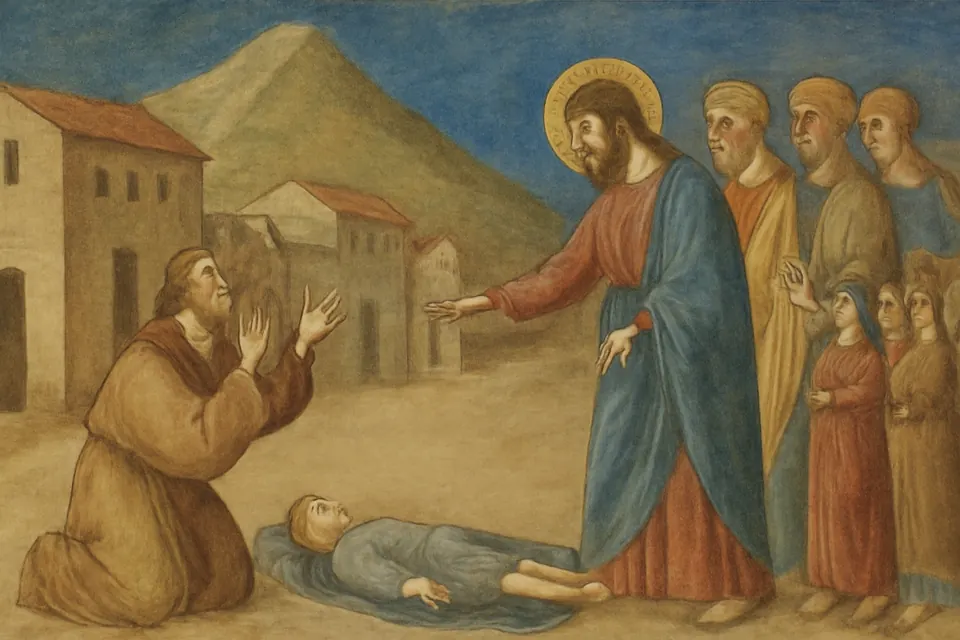 Ilustración en estilo fresco del padre que, llorando, suplica a Jesús por su hijo enfermo mientras la gente mira