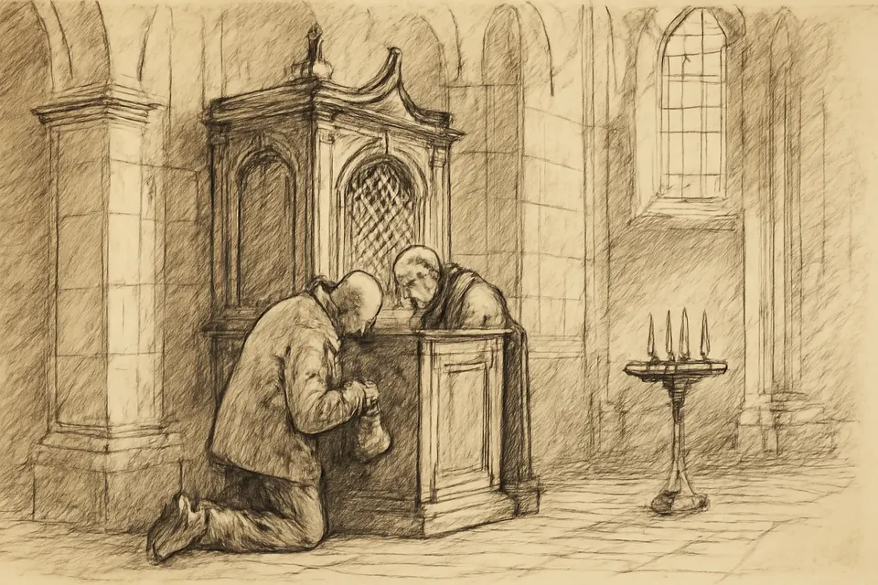 Ilustración en estilo tinta de un hombre mayor arrodillado en un confesionario de madera en una iglesia en penumbra, con la cabeza inclinada