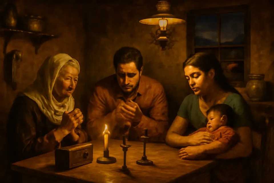 Ilustración en estilo óleo de una familia latinoamericana que reza el rosario por la paz alrededor de la mesa de la cocina, con un radio encendido y una vela delante de un crucifijo