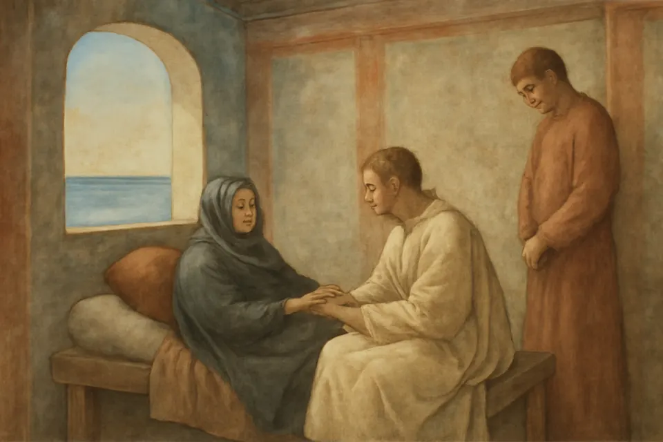 Ilustración en estilo fresco de Santa Mónica en su lecho en Ostia, hablando con sus hijos Agustín y Navigio