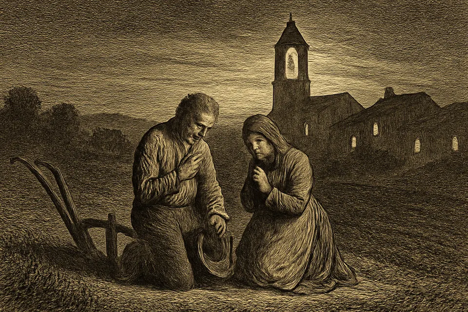 Ilustración en estilo grabado de un campesino y su esposa arrodillados en el campo al atardecer, rezando por las ánimas al oír la campana de la iglesia