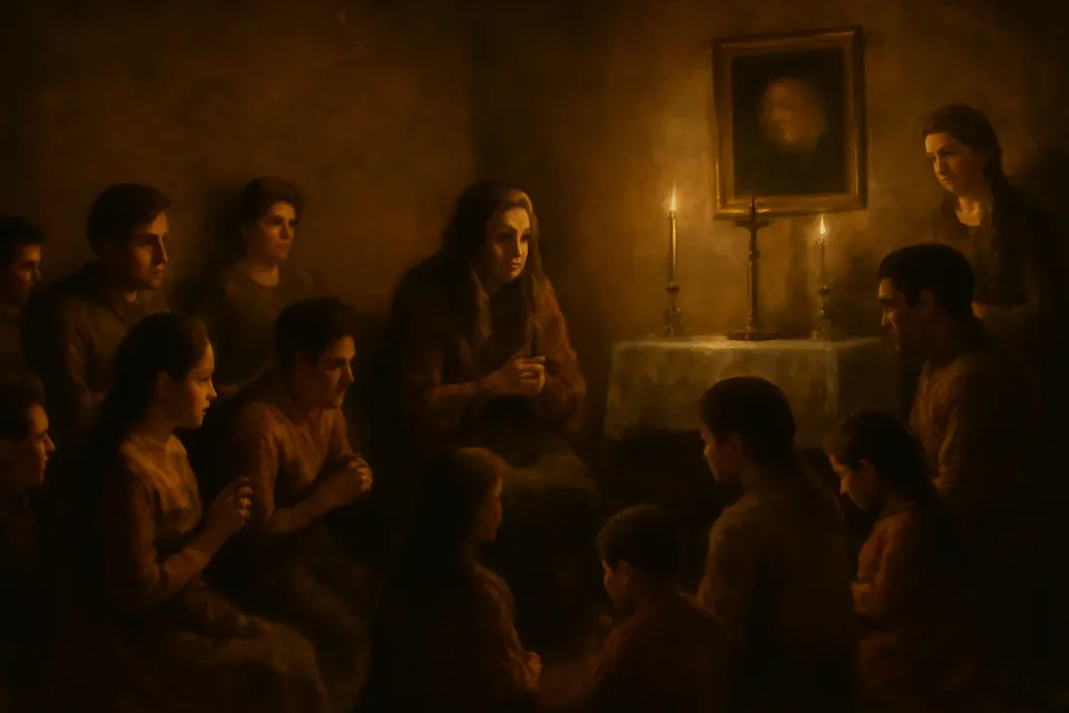 Ilustración en estilo óleo de una familia que reza el rosario en casa, junto a una mesa con un crucifijo, veladoras y la fotografía enmarcada de un abuelo difunto