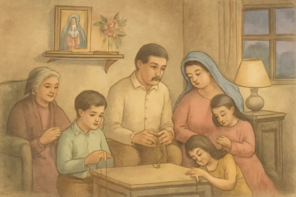 Ilustración en estilo acuarela de una familia que reza unida en la sala de su casa ante un pequeño altar con la Virgen, una veladora y flores
