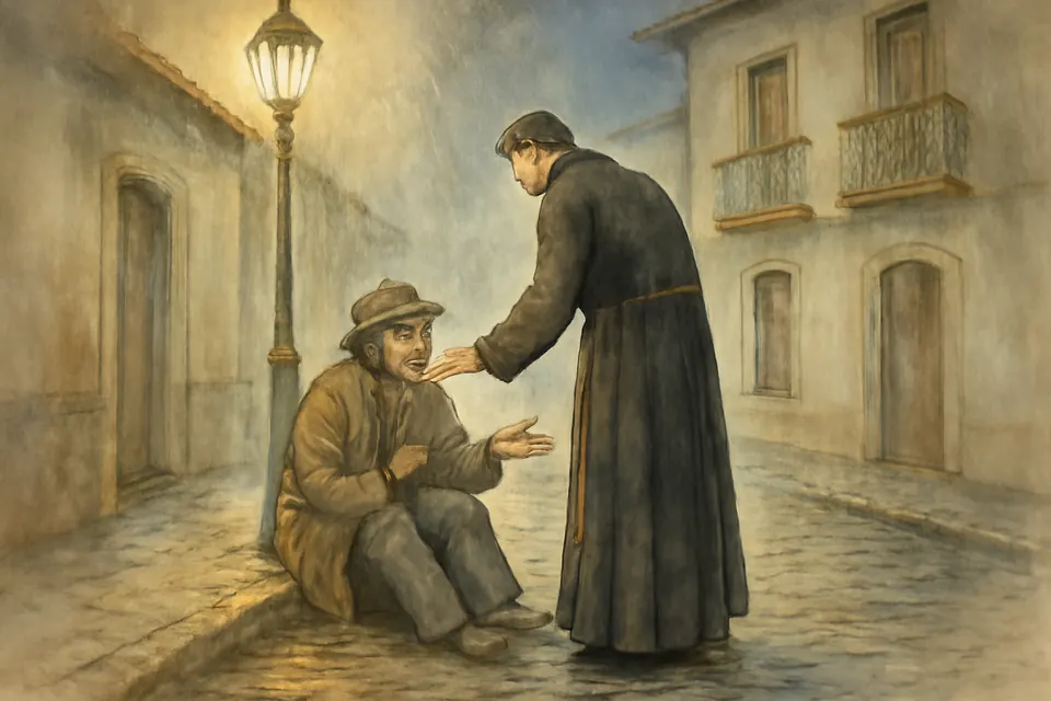 Ilustración en estilo acuarela de un hombre pobre, enfermo y mal abrigado que pide ayuda a un sacerdote de sotana negra, visto de espaldas, en una calle de Santiago una noche de lluvia de 1944