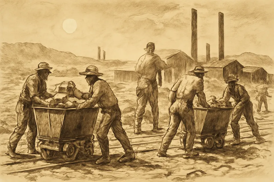 Ilustración en estilo tinta de obreros cargando caliche bajo el sol en una oficina salitrera del desierto de Atacama, con un trabajador más delgado entre ellos que es el Padre Hurtado de incógnito