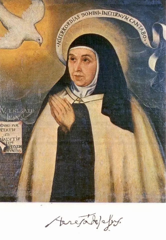 Retrato de Santa Teresa de Jesús, ya mayor, con hábito carmelita, capa blanca y velo negro, las manos juntas y la mirada hacia lo alto, donde vuela una paloma blanca; una cinta lleva escrito en latín Misericordias Domini in aeternum cantabo y al pie aparece su firma