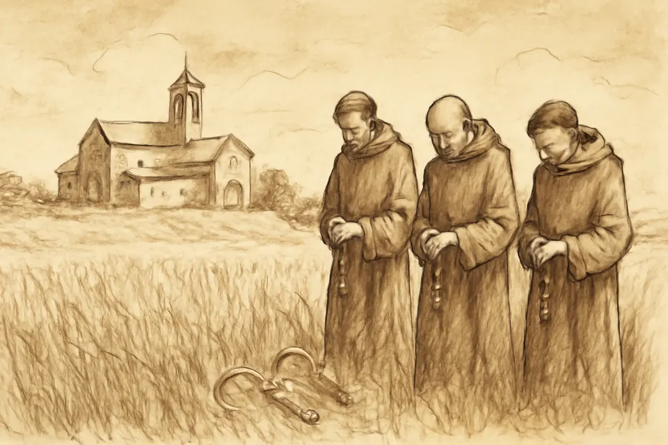 Ilustración en estilo tinta de unos hermanos legos medievales que, en el campo, cuentan sus Padrenuestros en cordones de cuentas al oír la campana del monasterio