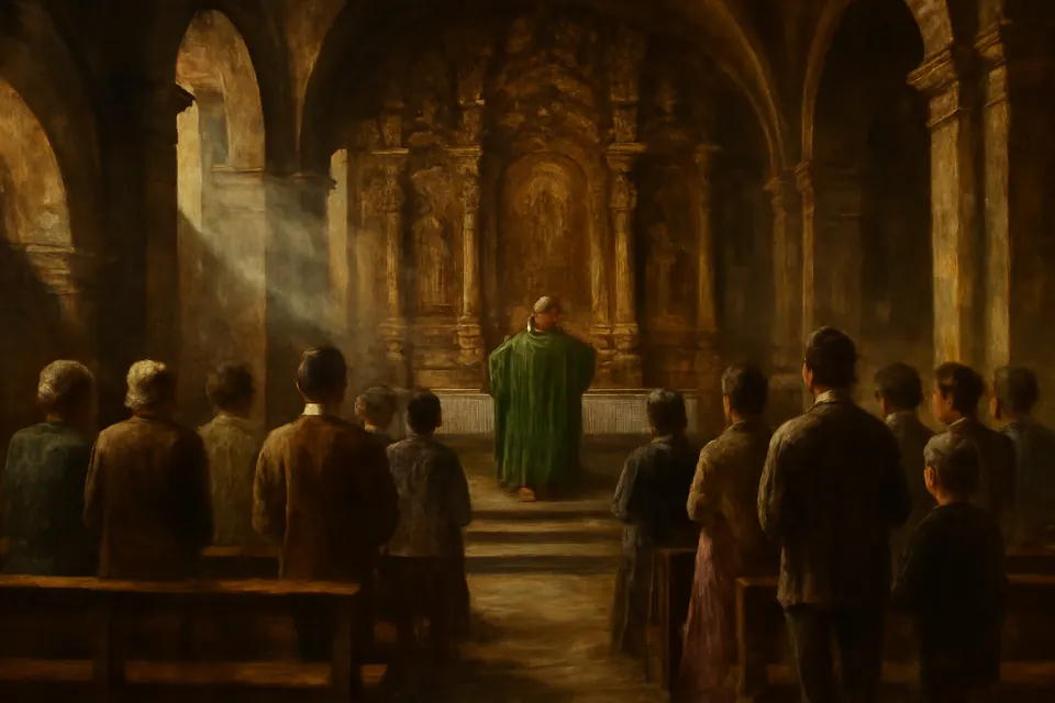 Ilustración de estilo óleo de una asamblea que reza de pie el Padre nuestro en la misa dominical de una iglesia colonial, con el sacerdote en el altar