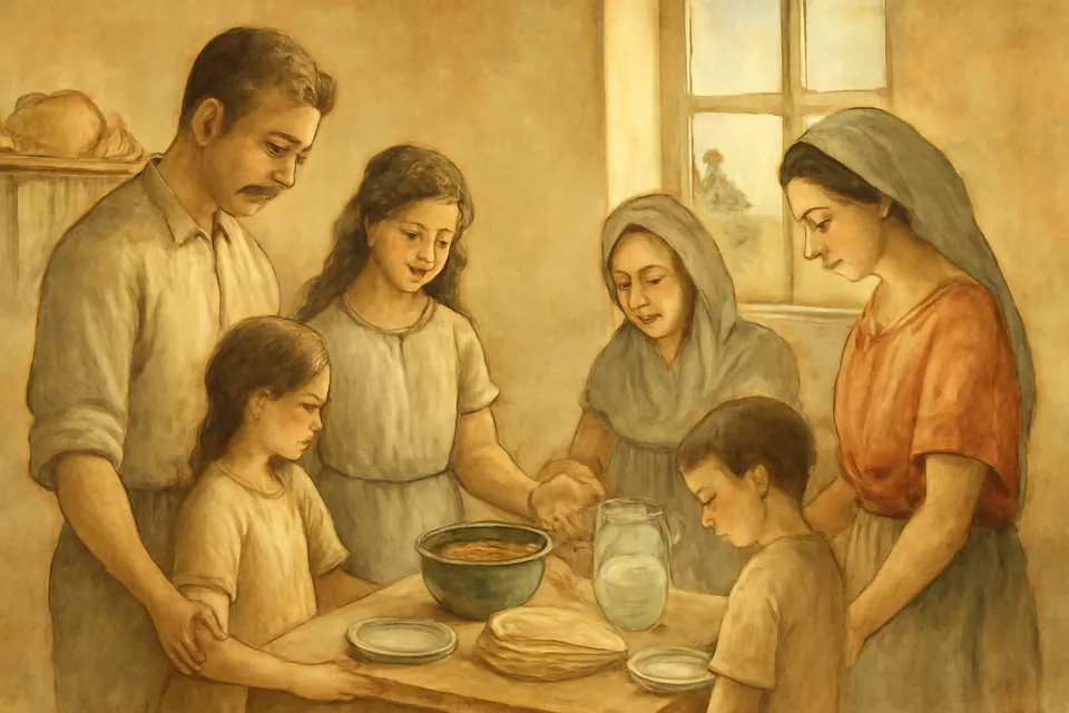 Ilustración en estilo acuarela de una familia que se toma de las manos alrededor de la mesa para rezar el Padre nuestro antes de comer