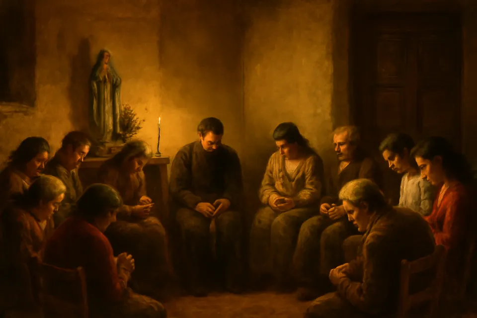 Ilustración en estilo óleo de un grupo de oración parroquial, hombres y mujeres de varias edades rezando el rosario en círculo con un sacerdote en una capilla latinoamericana