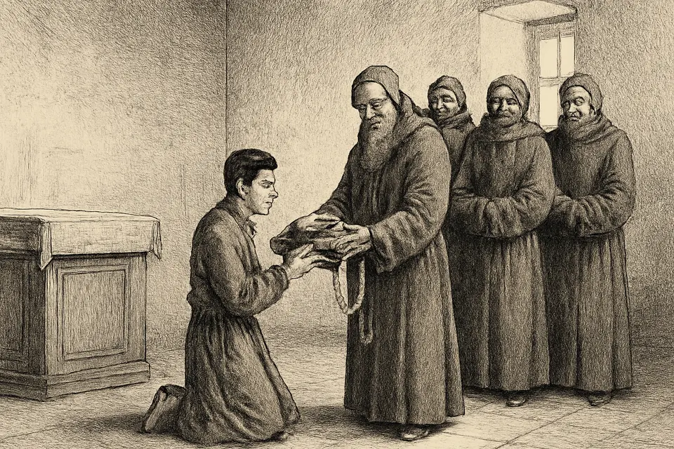 Ilustración en estilo grabado de un muchacho de quince años arrodillado que recibe el hábito capuchino de manos de un fraile anciano en una capilla sencilla, en 1903