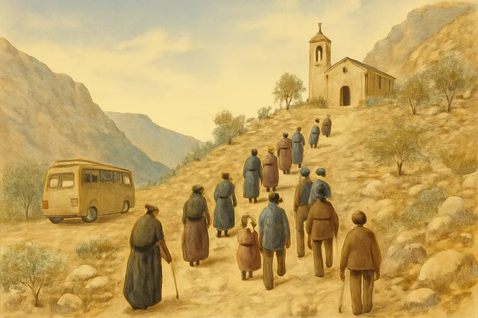 Ilustración en estilo acuarela de peregrinos que suben a pie por un camino de montaña hacia un pequeño convento de piedra en el Gargano, hacia 1950