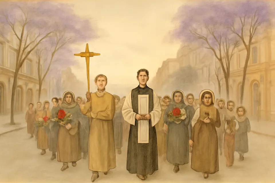 Ilustración en acuarela de fieles con flores y una cruz que caminan en procesión por una calle del centro de la Ciudad de México, una mañana de noviembre
