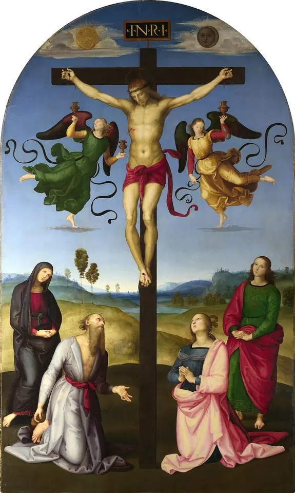 Cristo crucificado ante un paisaje sereno, con dos ángeles en el aire que recogen en cálices la sangre de sus manos y su costado, y la Virgen y tres santos al pie de la cruz