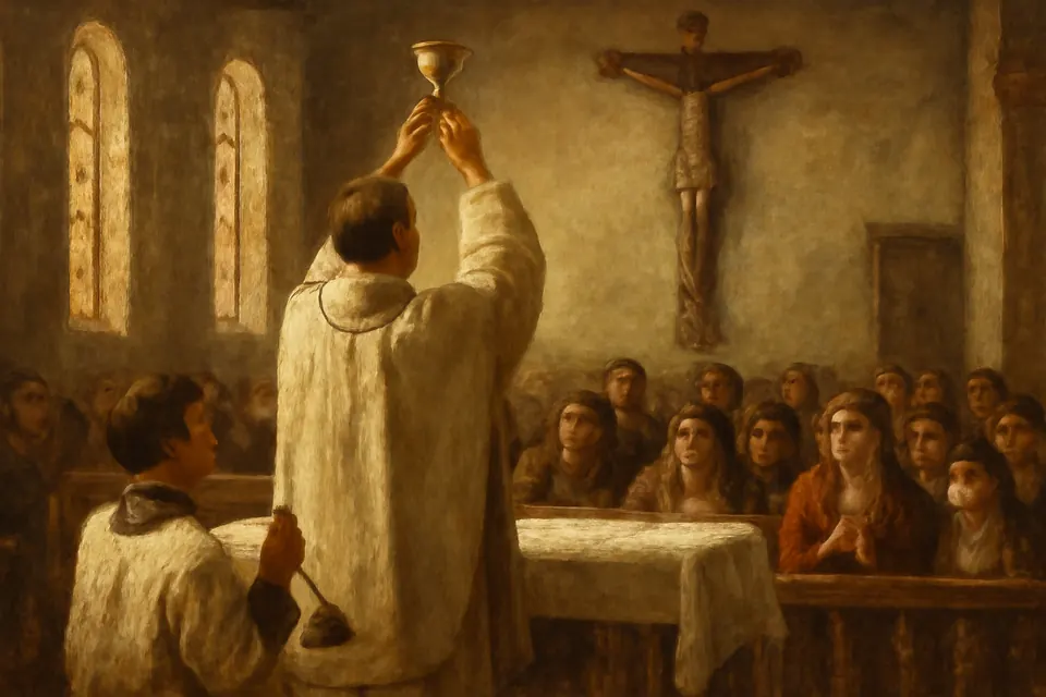 Ilustración en estilo óleo de un sacerdote que eleva el cáliz durante la consagración en una misa parroquial, mientras los fieles miran arrodillados