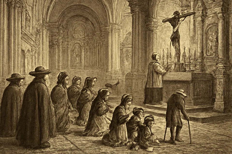 Ilustración en estilo grabado de vecinos de la Ciudad de México que rezan arrodillados ante un Cristo crucificado en una iglesia barroca durante la epidemia de 1785