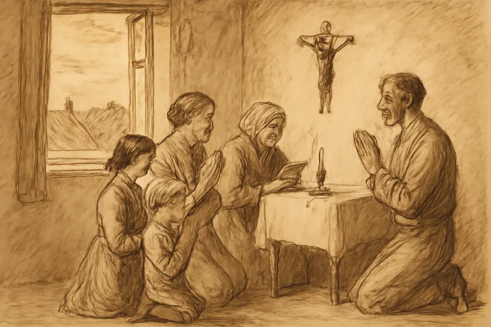 Ilustración en estilo tinta de una familia que reza al anochecer ante un crucifijo en su casa, con una vela encendida, en el mes de julio