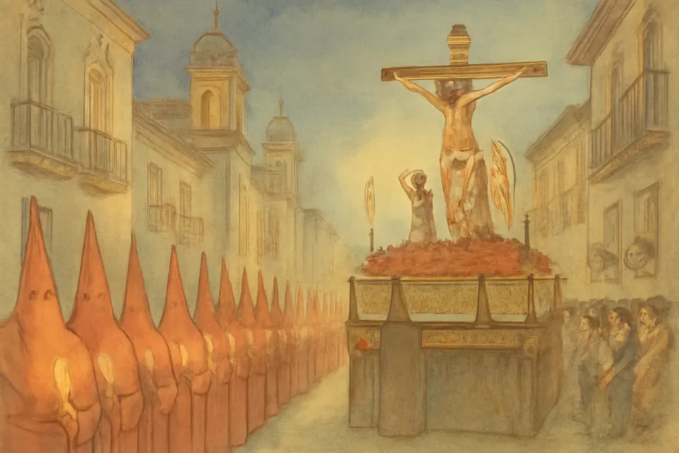 Ilustración en acuarela de una procesión de Semana Santa en una calle de Murcia al anochecer, con nazarenos de túnica roja que acompañan un paso con Cristo crucificado