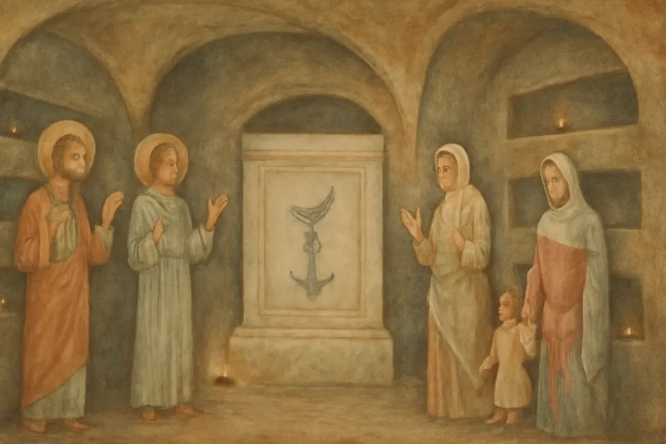 Ilustración en estilo fresco paleocristiano de creyentes que rezan con los brazos levantados ante una tumba en una catacumba romana