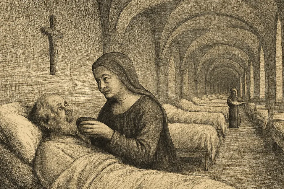 Ilustración en estilo grabado de Santa Catalina de Génova, con vestido oscuro y velo sencillo, atendiendo a un enfermo en una larga sala de hospital