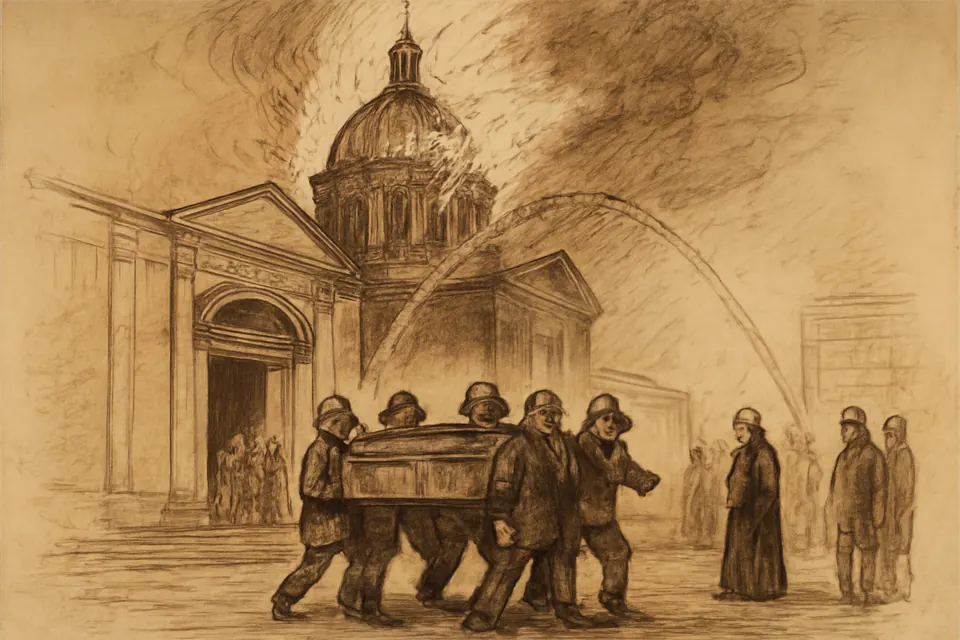 Ilustración en estilo tinta de bomberos que sacan en brazos una larga caja de plata de una catedral de noche, mientras las llamas iluminan una cúpula de piedra detrás