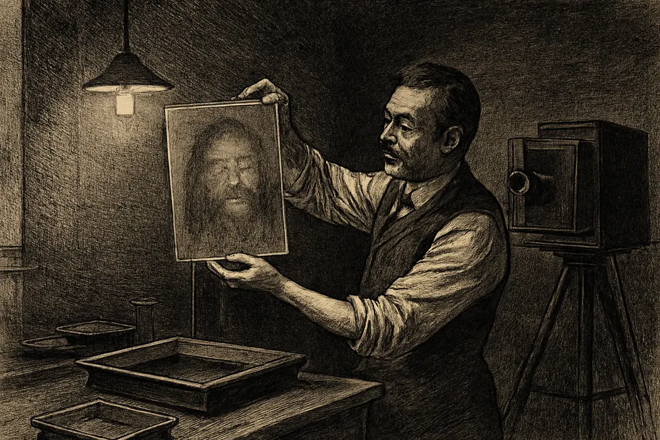 Ilustración en estilo grabado de Secondo Pia en su cuarto oscuro, en 1898, mirando asombrado a la luz de una lámpara roja la placa de vidrio donde aparece el rostro de la Sábana Santa