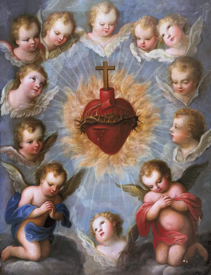 Pintura novohispana de un corazón rojo coronado de espinas y rematado por una cruz, en medio de un resplandor dorado, rodeado de cabezas de querubines y con dos angelitos arrodillados en oración abajo