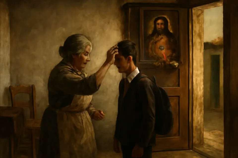 Ilustración en estilo óleo de una abuela que bendice a su nieto en la puerta de una casa latinoamericana, bajo un cuadro del Sagrado Corazón con una veladora encendida