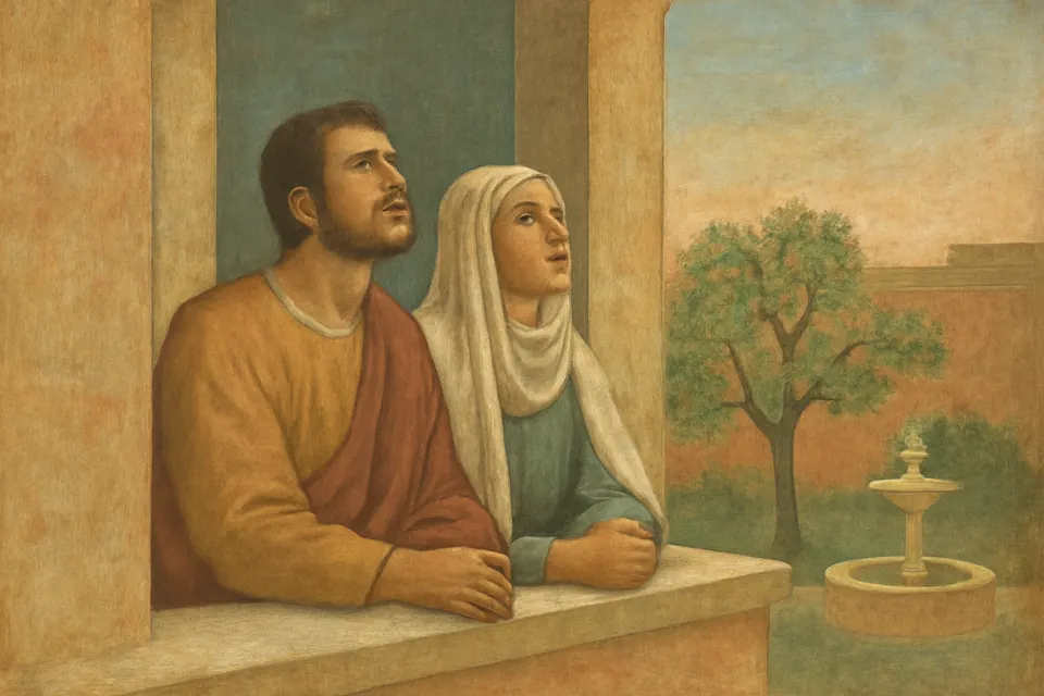 Ilustración en estilo fresco de Agustín y su madre Mónica que conversan apoyados en una ventana que da a un jardín en Ostia, mirando al cielo