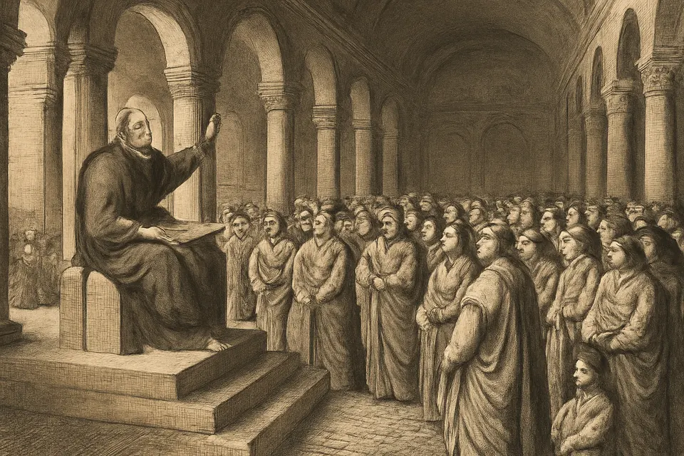 Ilustración en estilo grabado del obispo Agustín que predica sentado en su cátedra a una multitud de fieles de pie en una basílica del norte de África