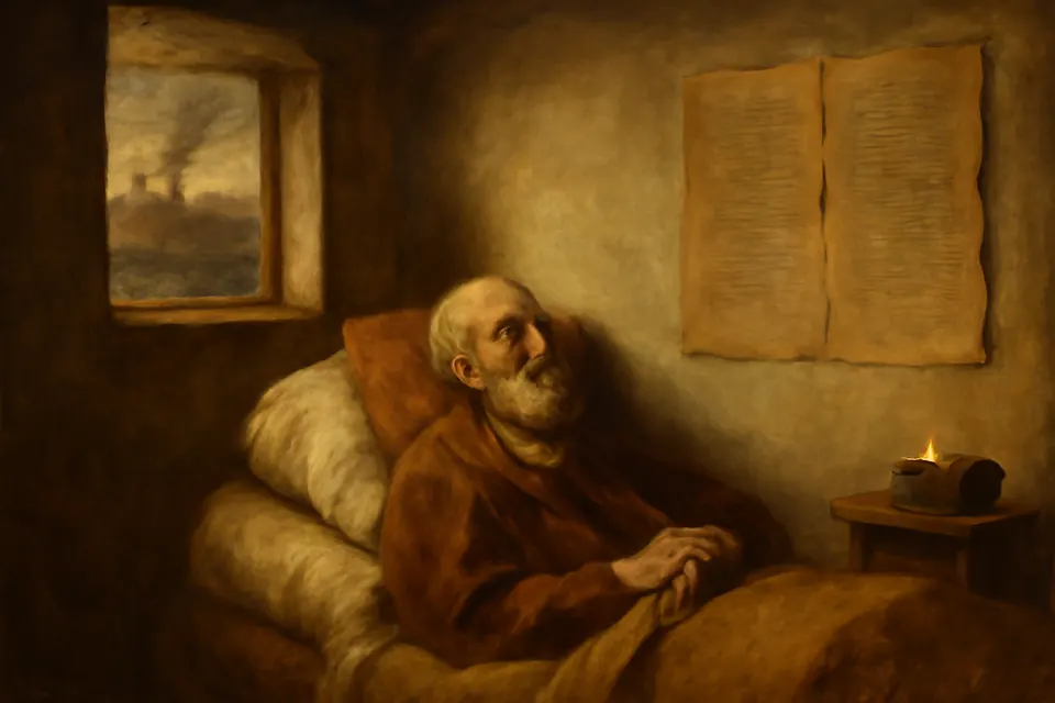 Ilustración en estilo óleo de Agustín moribundo que lee en su lecho los salmos penitenciales escritos en hojas colgadas de la pared durante el asedio de Hipona