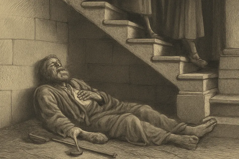 Ilustración en estilo grabado de San Alejo moribundo en un rincón bajo la escalera de piedra de la casa de su padre, con una carta en la mano y una vela encendida