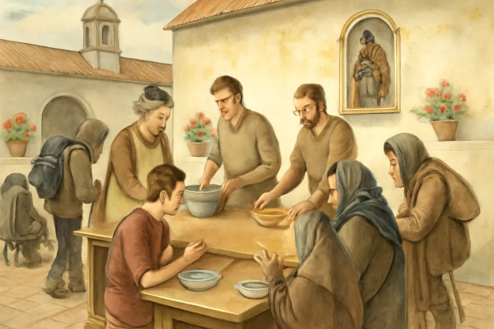 Ilustración en estilo acuarela de voluntarios de una parroquia latinoamericana que sirven sopa caliente a personas sin hogar en un patio, bajo una pequeña imagen de un santo peregrino