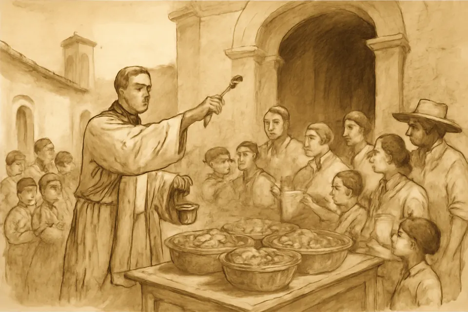 Ilustración en estilo tinta de un sacerdote que bendice con agua bendita canastas de panecillos en el atrio de una iglesia el 13 de junio