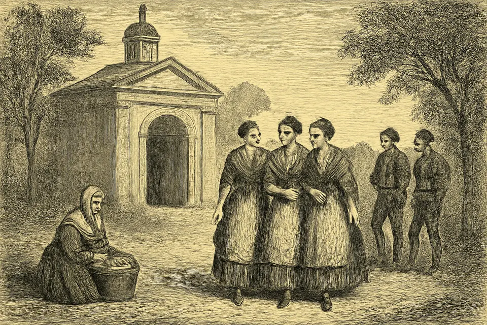 Ilustración en estilo grabado de jóvenes costureras madrileñas del siglo XIX, con mantones, que llegan a la puerta de una pequeña ermita neoclásica la mañana de San Antonio