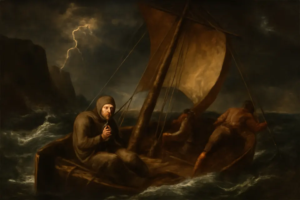Ilustración en estilo óleo de un pequeño velero zarandeado por la tormenta frente a la costa de Sicilia, con un joven fraile enfermo envuelto en su capa en la cubierta