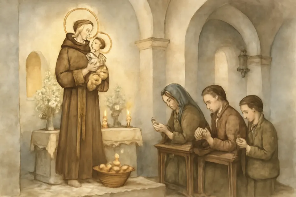 Ilustración en estilo acuarela de mujeres y hombres que rezan un martes ante la imagen de San Antonio con el Niño en una parroquia, con lirios y una canasta de pan a sus pies