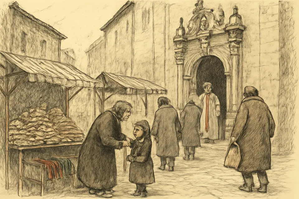 Ilustración en estilo tinta de una feria de San Blas junto a una iglesia de piedra en un casco viejo del norte de España, con puestos de rosquillas y cordones de colores