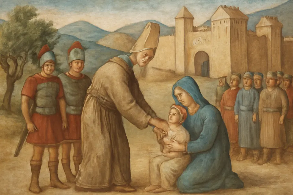 Ilustración en estilo fresco de una madre arrodillada que presenta a San Blas a su hijo, que se ahoga con una espina de pescado, en un camino de Armenia