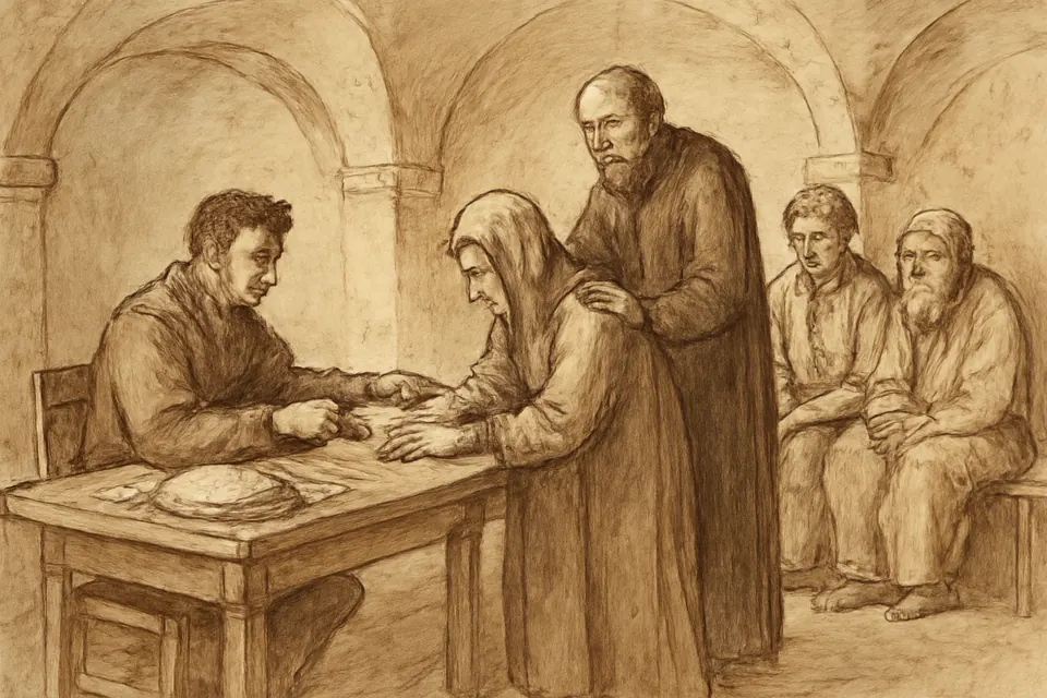 Ilustración en estilo tinta de San Cayetano junto a una mesa donde unos administradores entregan un pequeño préstamo sin usura a una mujer pobre de Nápoles