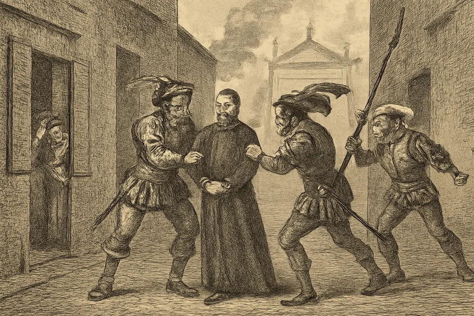Ilustración en estilo grabado de soldados lansquenetes maltratando a un sacerdote de sotana negra en una calle de Roma durante el saqueo de 1527
