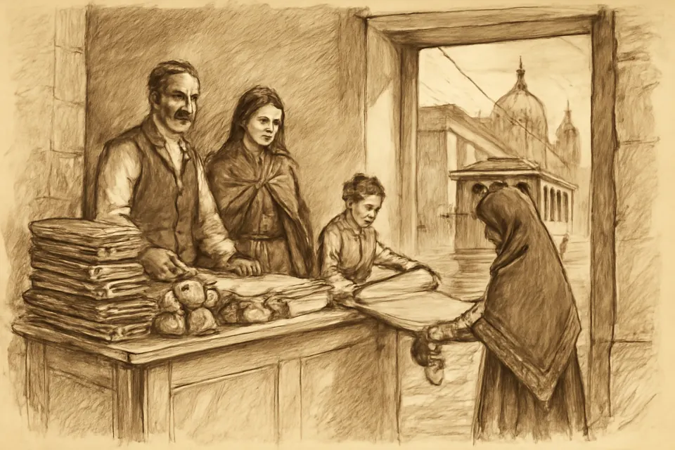 Ilustración en tinta y aguada de una familia de inmigrantes libaneses que atiende su tienda de telas en una calle del centro de la Ciudad de México a principios del siglo XX