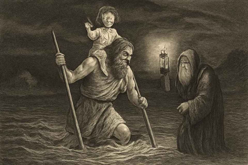 Ilustración en estilo grabado de un gigante que avanza con esfuerzo por un río crecido de noche, con un niño pequeño sobre los hombros y un ermitaño con un farol en la orilla