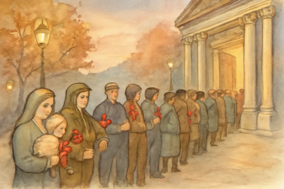 Ilustración en estilo acuarela de una larga fila de devotos con flores rojas y velas ante la fachada de una iglesia de Buenos Aires al amanecer de un 19 de abril